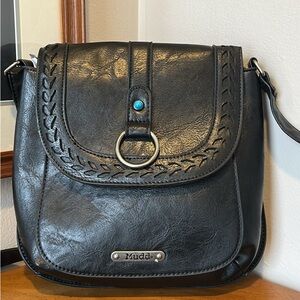 Western Biker Babe Cross Body Black Purse Silver Hardware Tooled, Turquiose